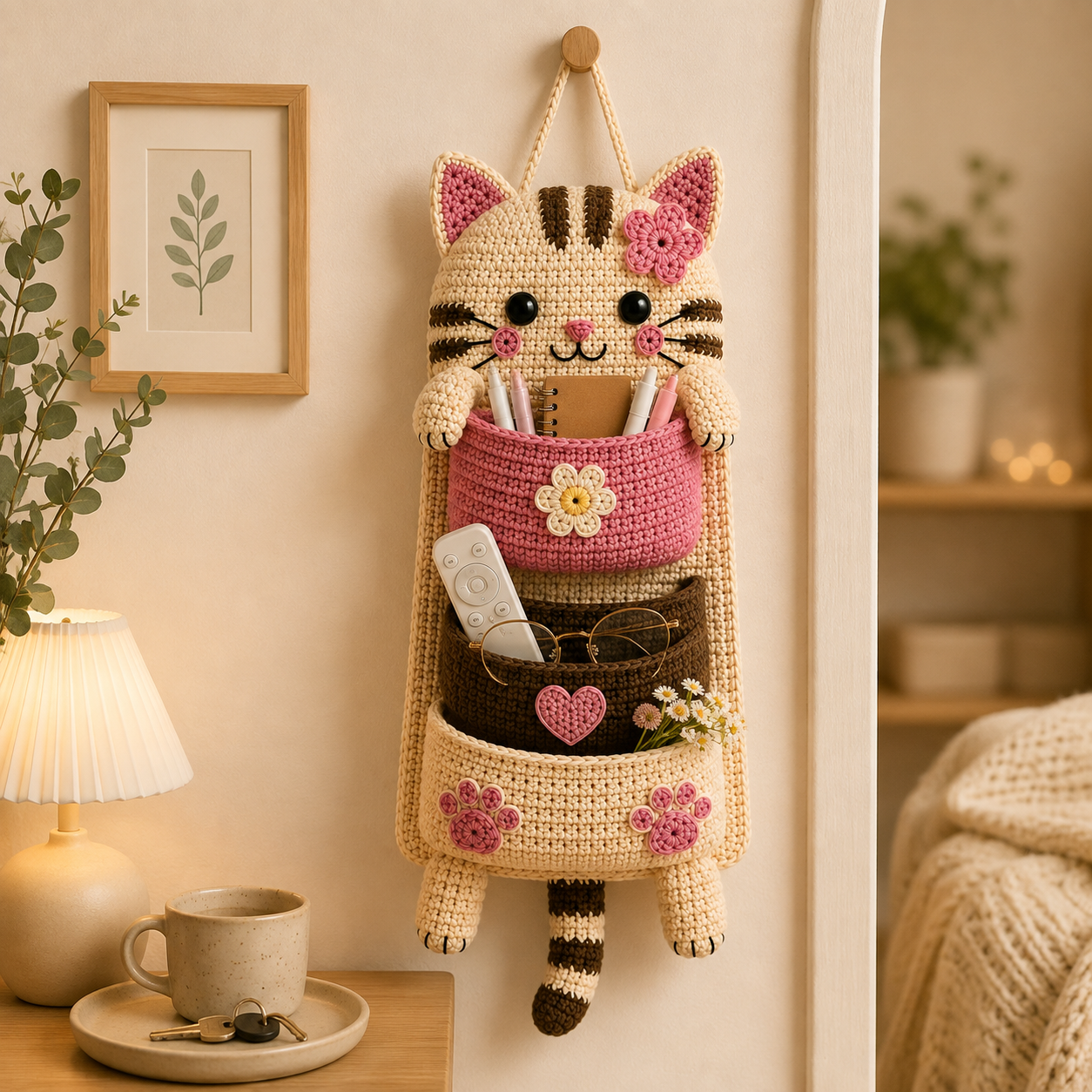 Kit crochet organisateur mural chat | Vide-poches suspendu DIY | Projet créatif décoration | MyPeluchic
