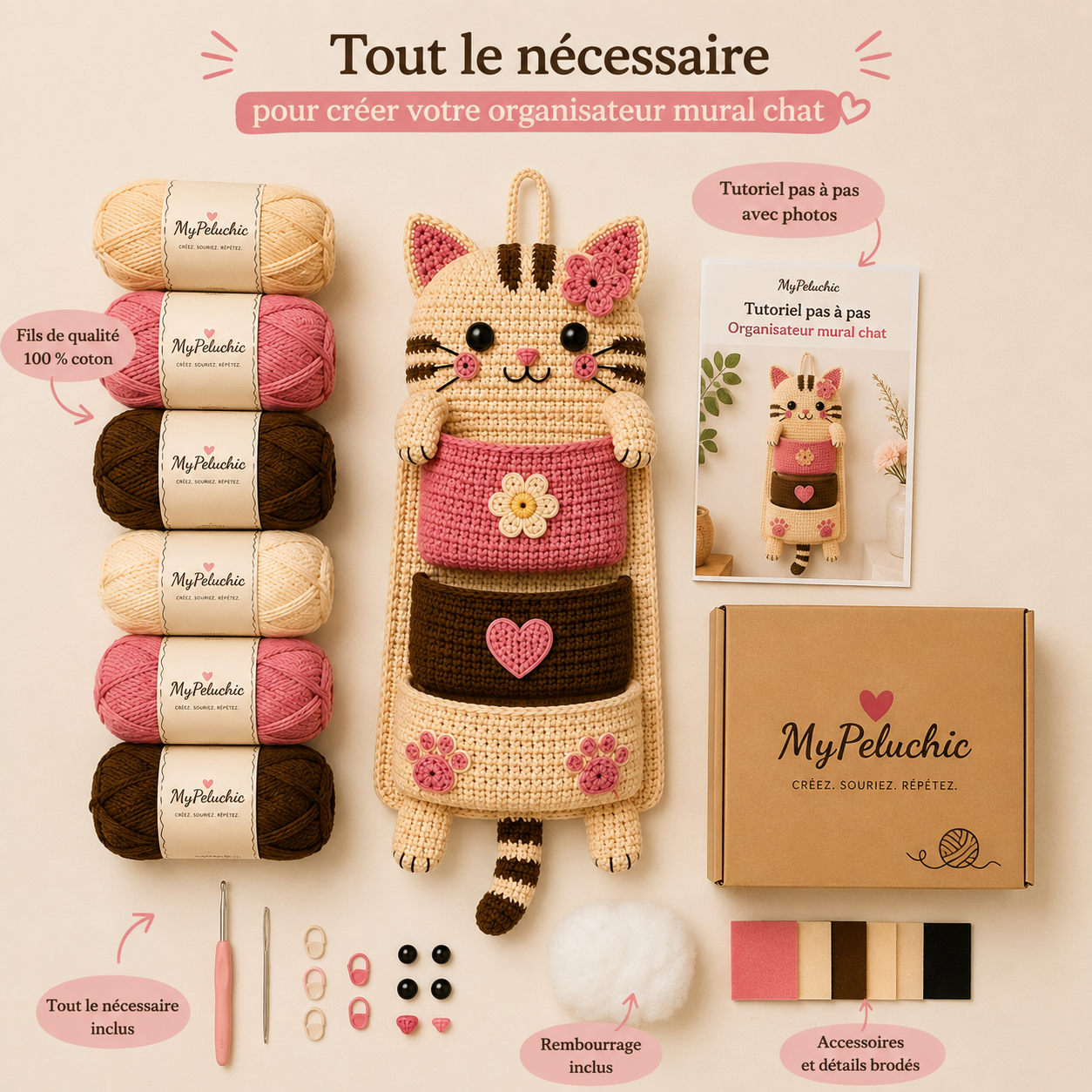 Kit crochet organisateur mural chat | Vide-poches suspendu DIY | Projet créatif décoration | MyPeluchic