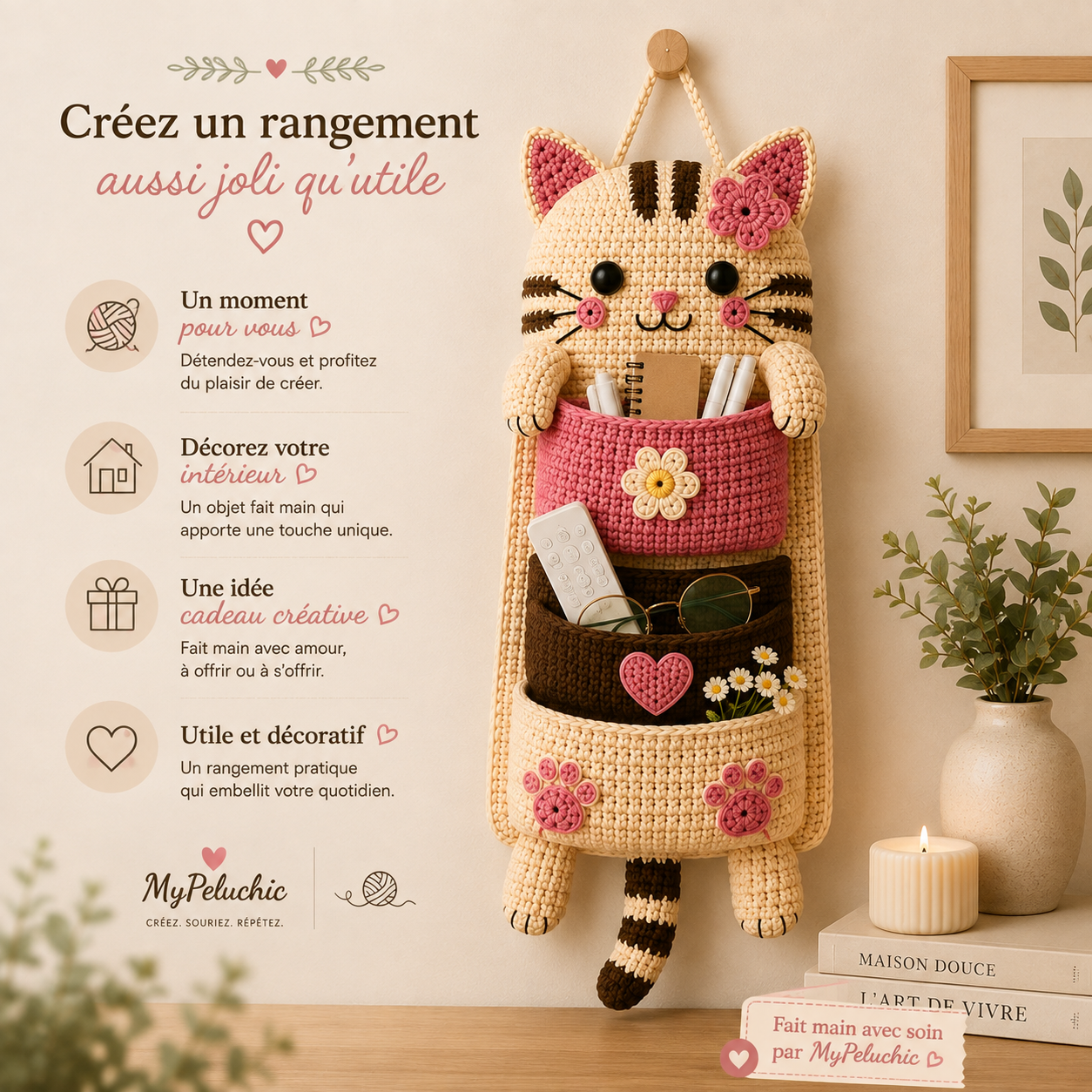 Kit crochet organisateur mural chat | Vide-poches suspendu DIY | Projet créatif décoration | MyPeluchic