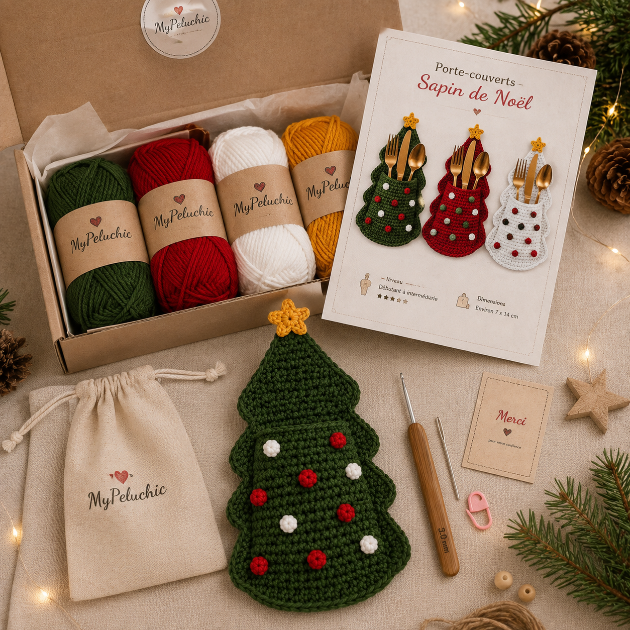 Kit crochet débutant porte-couverts sapin de noël | Décoration de table DIY | MyPeluchic