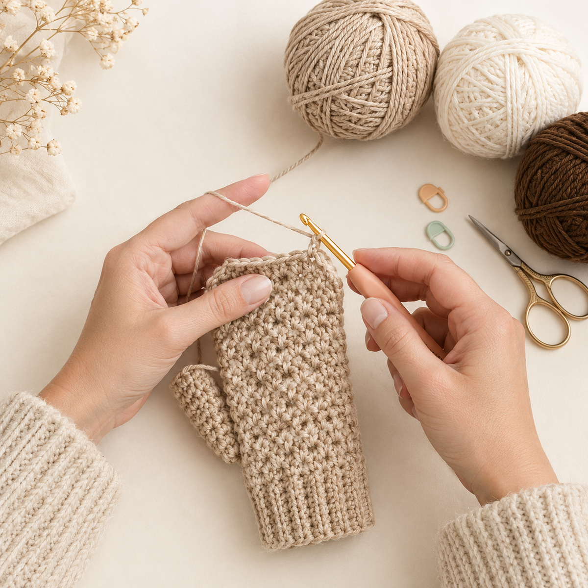 Kit crochet chauffe-mains débutant : mitaines sans doigts DIY | MyPeluchic