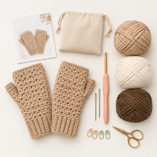 Kit crochet chauffe-mains débutant – Mitaines sans doigts écru crème – Laine douce, crochet et instructions inclus | MyPeluchic