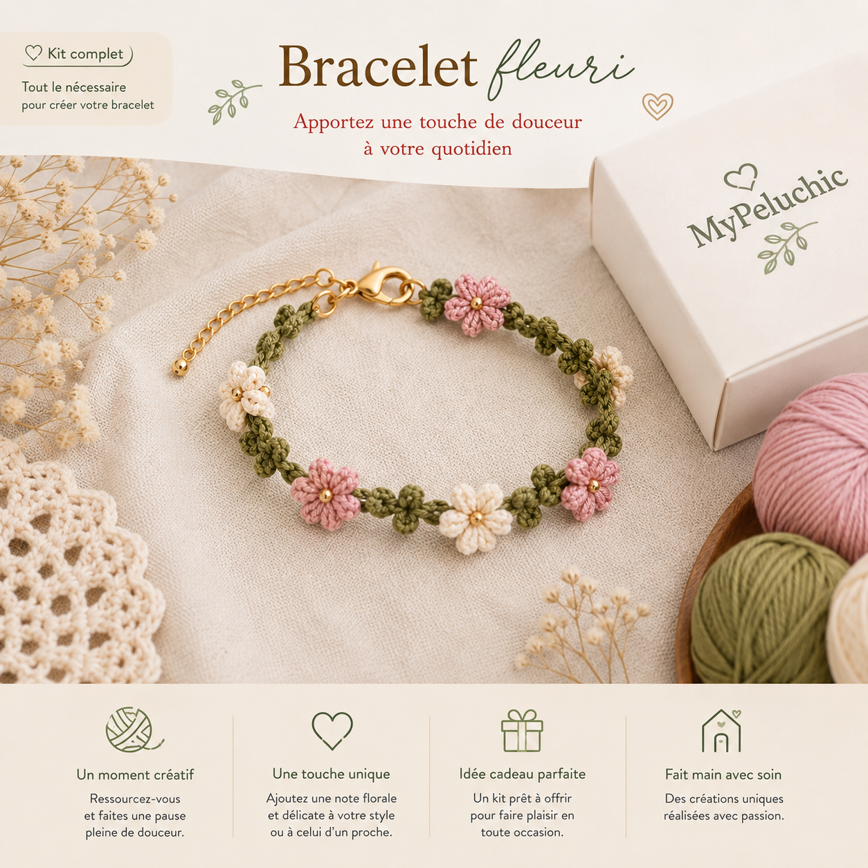 Kit crochet débutant bracelet Fleuri | Cadeau créatif DIY | MyPeluchic