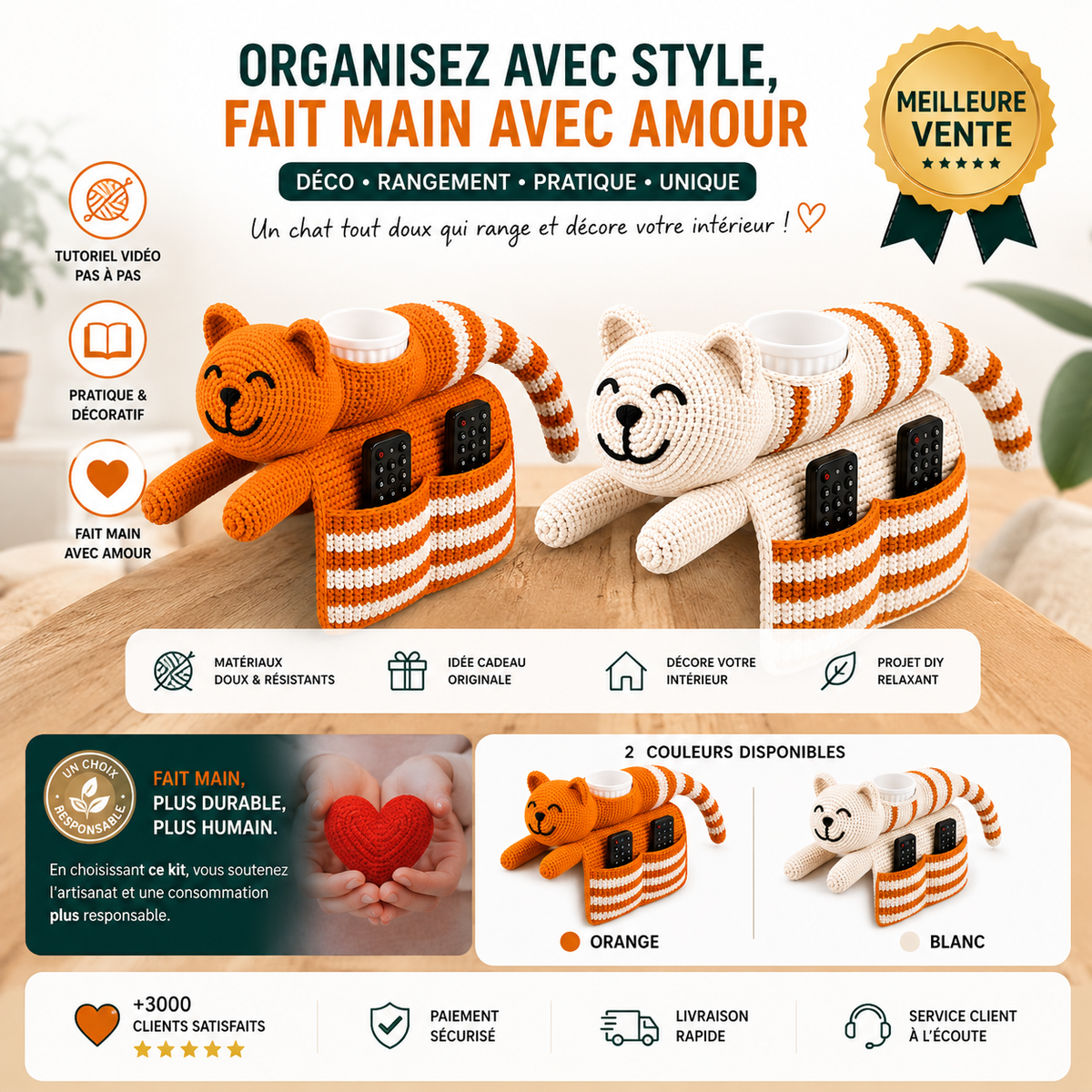 Kit crochet organiseur de canapé chat | Rangement DIY | MyPeluchic