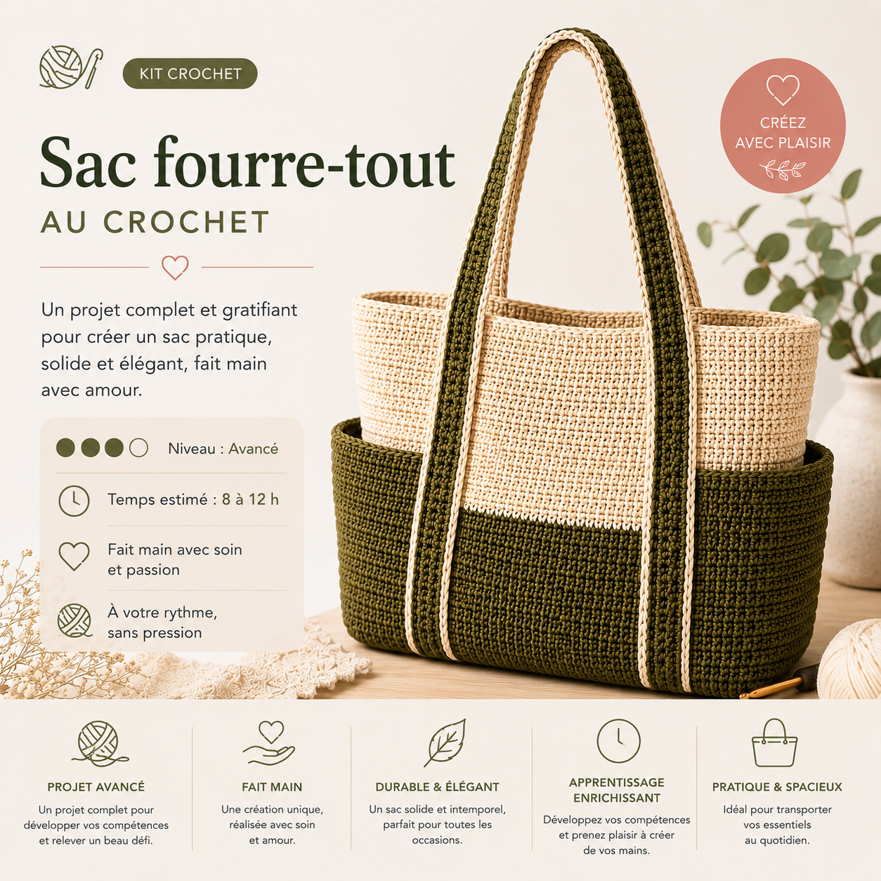 Kit crochet sac à main | Sac fourre-tout vert olive DIY | MyPeluchic