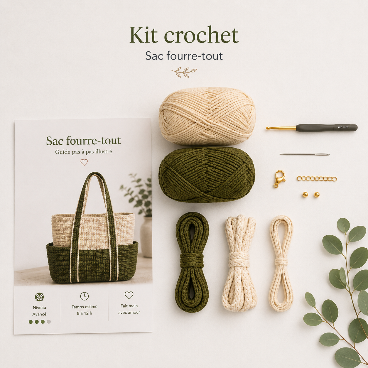 Kit crochet sac à main | Sac fourre-tout vert olive DIY | MyPeluchic