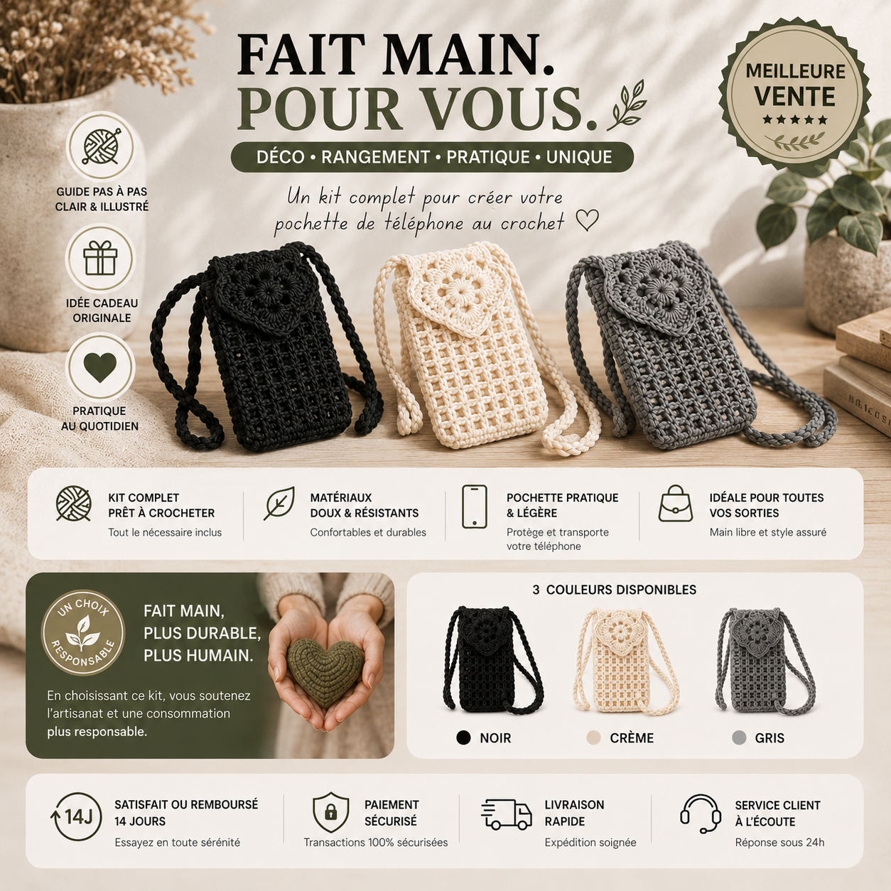 Kit crochet pochette téléphone avec guide pas à pas
