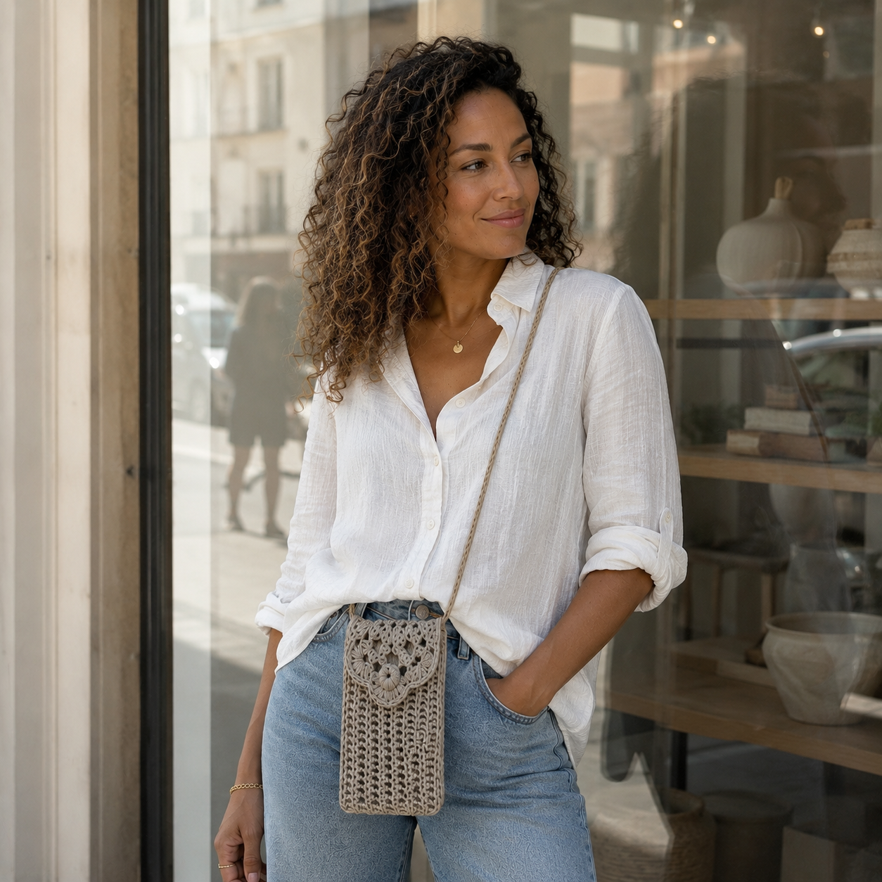 Pochette téléphone en crochet portée en bandoulière